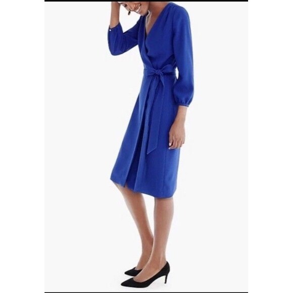 J Crew Blue 365 Crepe 3/4 Sleeve Knee Length Wrap Dress Size 2 - Picture 2 of 11